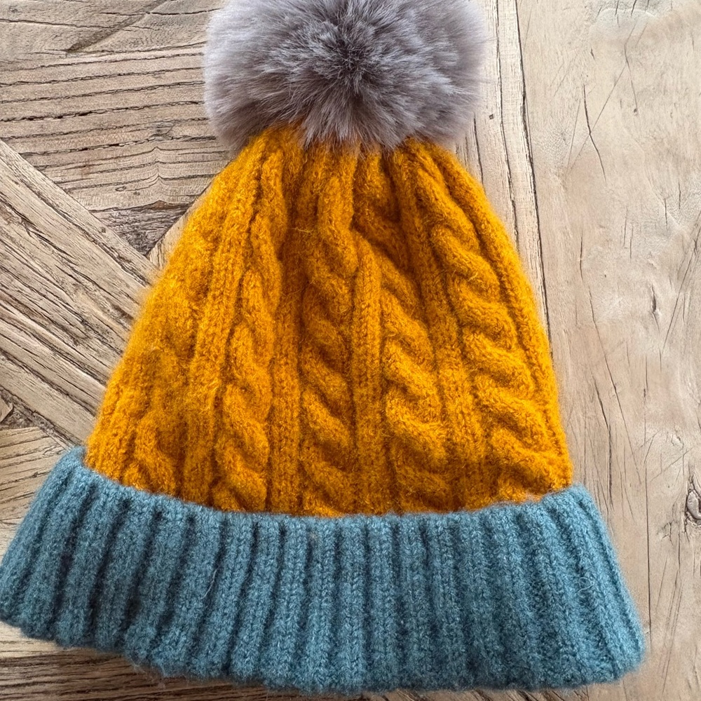 Cozy Orange and Gray Pom-Pom Beanie